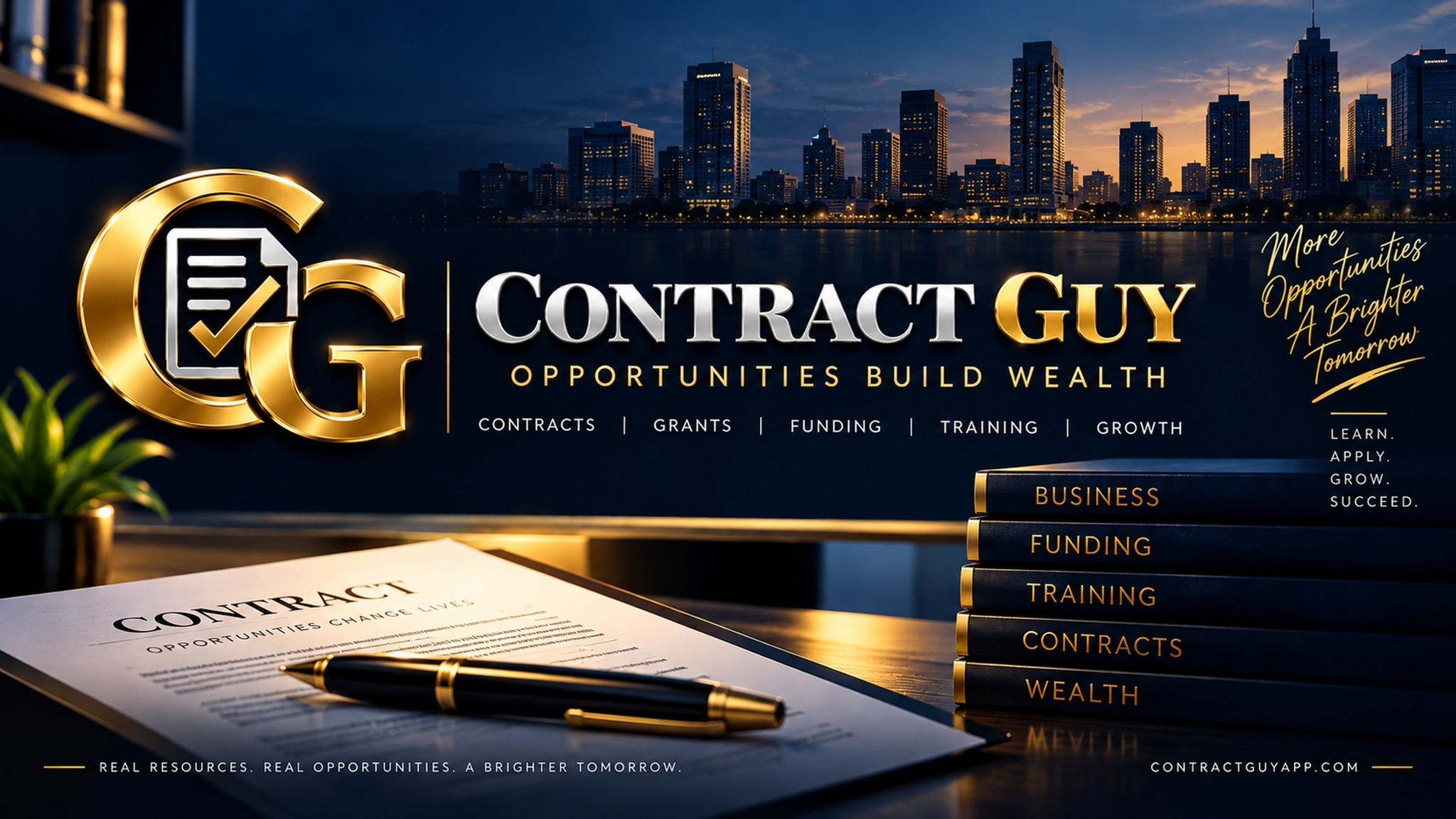 Contract Guy promotional artwork highlighting contracts, grants, funding, training and growth
